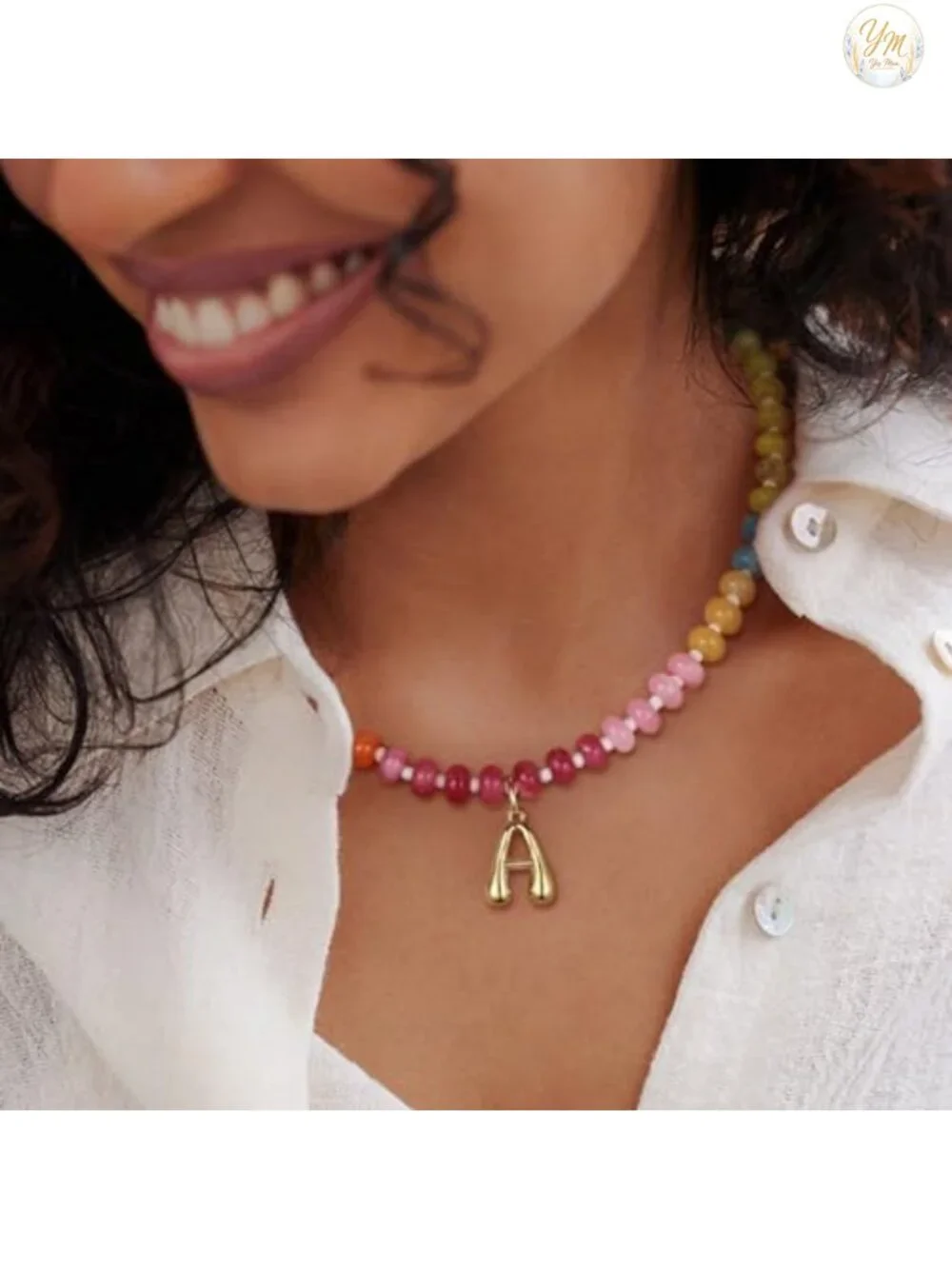 Initial Choker Necklace with Natural Gemstone Beads 14K Gold Bubble Letter
